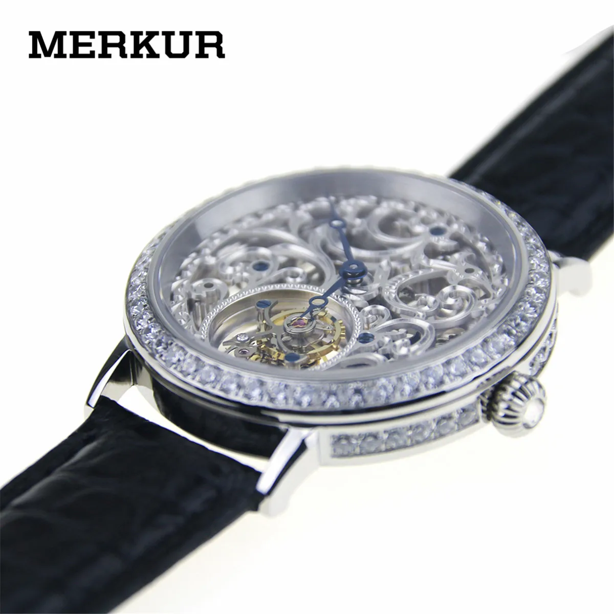 

New Skelenton Tourbillon Carved Wristwatch Man Handwind China Full Crystal Case