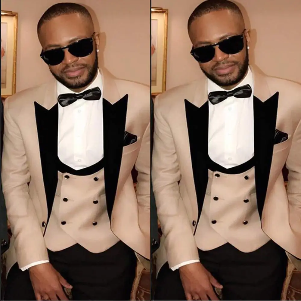 Black Lapel Wedding Suits For Men Beige 