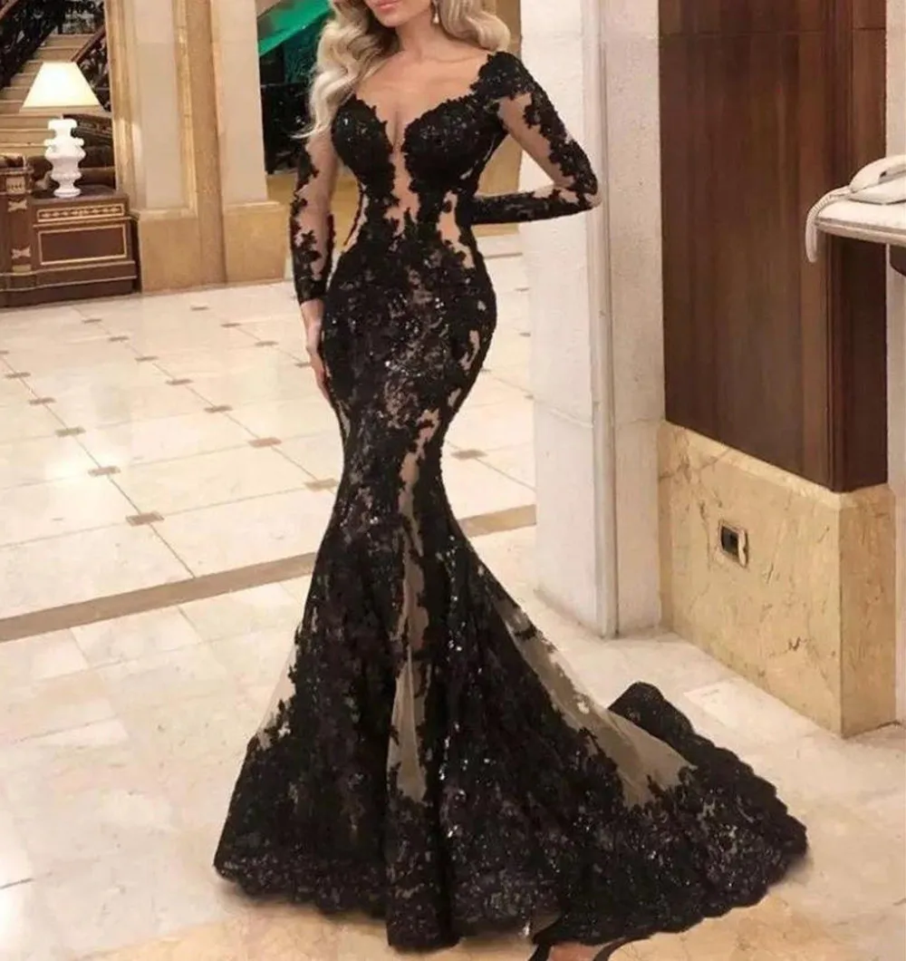 Женское вечернее платье-русалка Черное длинное платье с длинным рукавом для