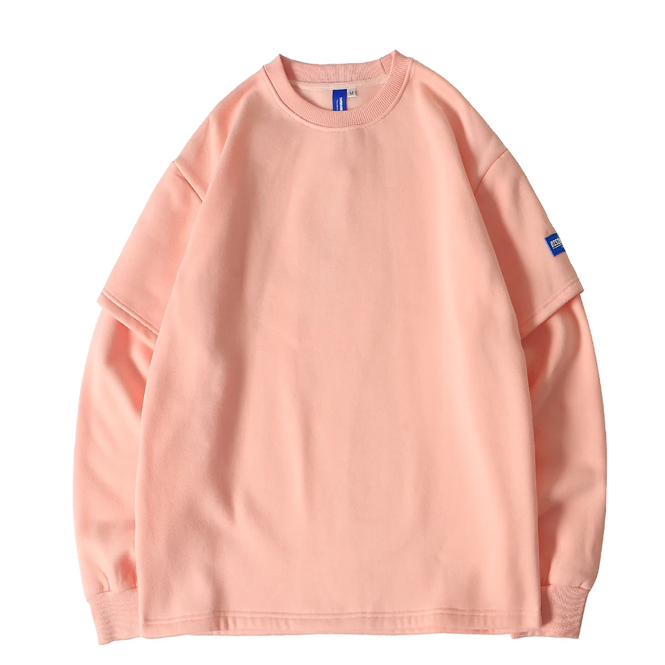 Поддельные 2 шт с длинным рукавом Oversize футболка однотонная Casual винтажная Tshirt