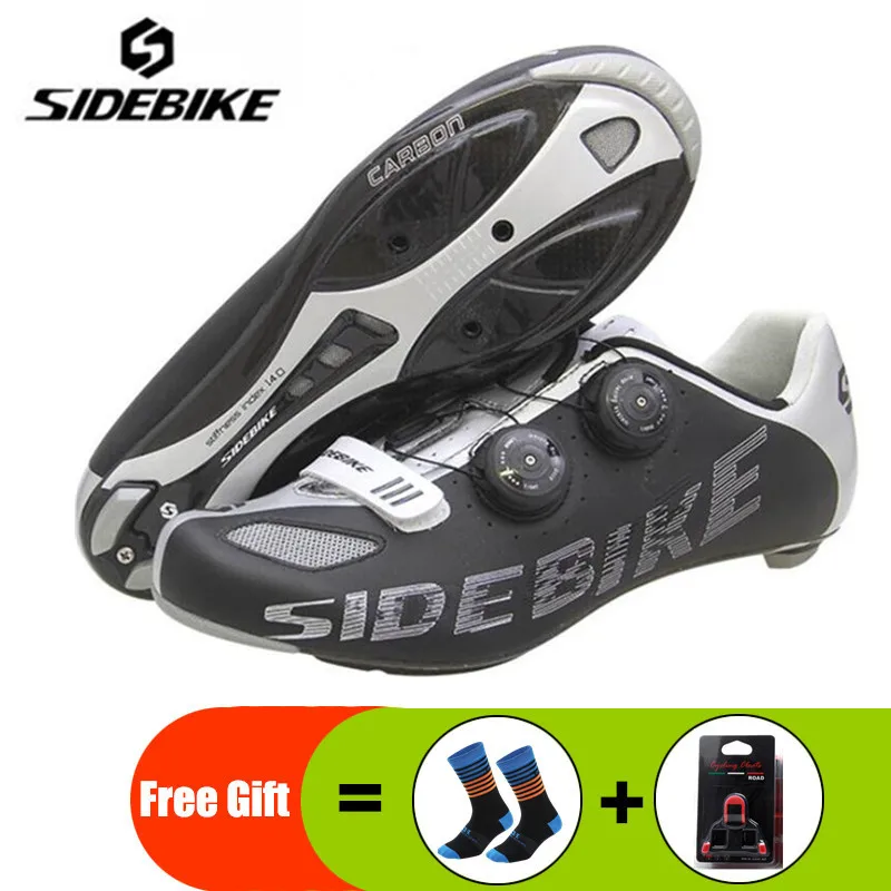 black add gift SIDEBIKE/велосипедная обувь для шоссейного велосипеда, комплект с педалью, подошва из углеродного волокна, Мужская велосипедная Спортивная дышащая обувь с самоблокирующимся верхом, обувь для гоночного велосипеда - Цвет: black add gift