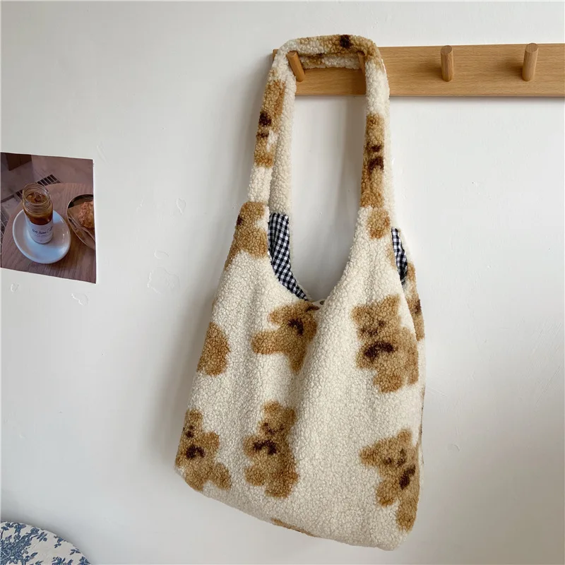 

Cute Lamb Swool Women Shoulder Bag Fluffy Fur Bear Printed Women's Handbags Large Capacity Tote Bags For Women Soft Shopping Bag
