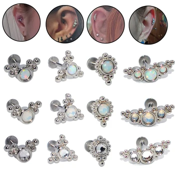

12PCS G23 Titanium&Steel Bar Opal Cluster Ear Tragus Helix Cartilage Snow Gem Earring Stud Labret Bar Ring Piercing Jewelry16g