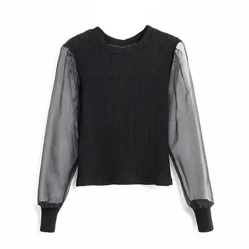 

Fashion Solid Black Patchwork Mesh Blouse Spring Elegant O Neck Slim Knitted Tops Spliced See-through Puff Sleeve Shirt 2020 New