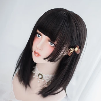 

JINKAILI Black Short Straight Hair Lolita Wig With Bangs Synthetic Wigs For Women Christmas Cosplay Heat Resistant Glueless Wig