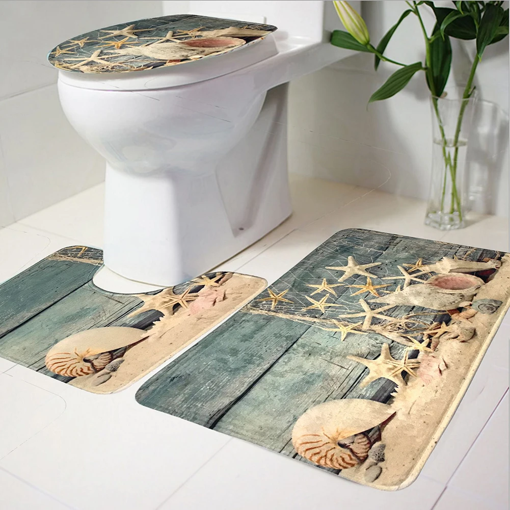 3 шт океан/камень водонепроницаемый полиэстер ванная комната коврик крышка для унитаза набор