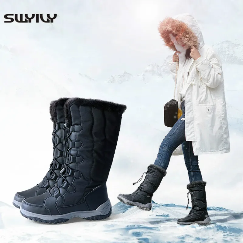 Женские высокие сапоги SWYIVY теплые водонепроницаемые с хлопковой подкладкой и