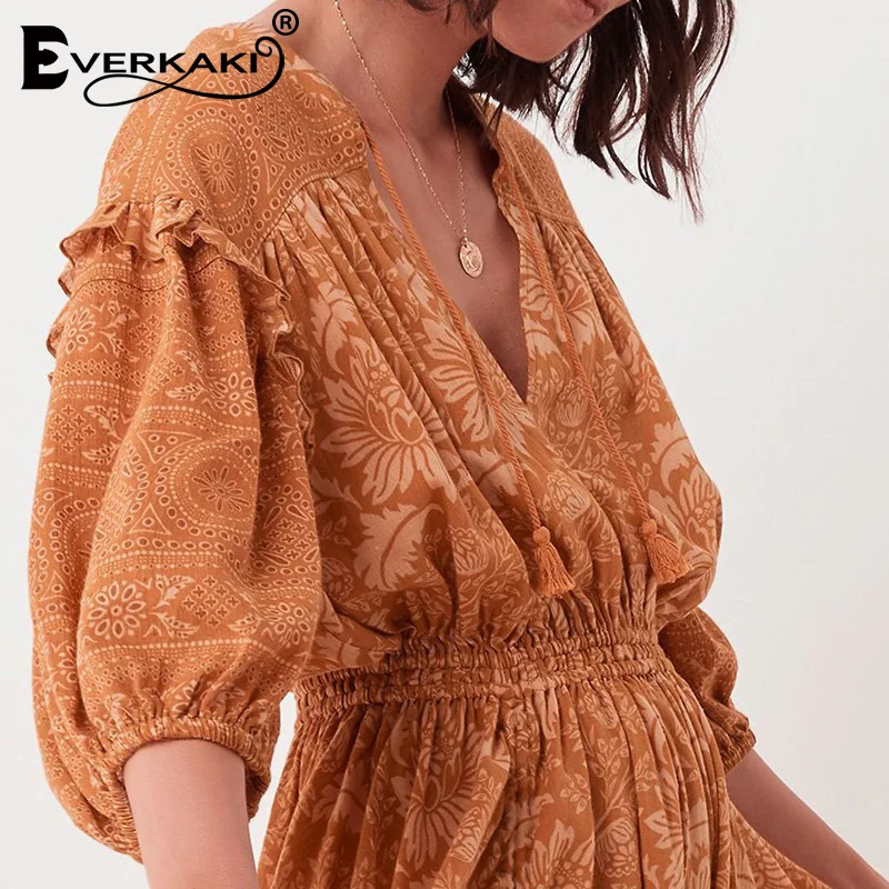 Everkaki Boho печати оборками женское макси платье, эластичный пояс свободные цыганские фонари с коротким рукавом Длинные платья женские Осень новинка