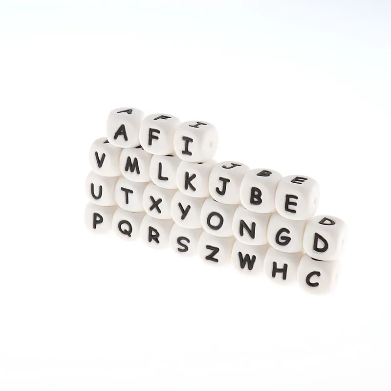 Fkisbox 200pcs Alphabet Silicone English Letters Beads Cube BPA Free Baby Teethers Personalized Name DIY Rodent Teething Pendant