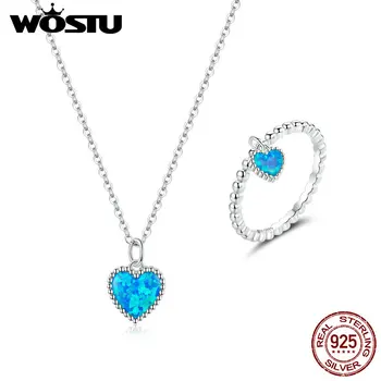 

Wostu Genuine 925 Sterling Silver Deep Blue Heart Translucent opal finger ring and Necklaces Jewelry Sets for Women DXN413