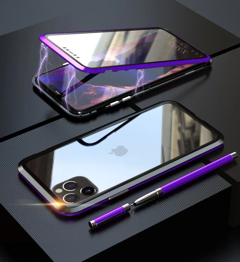 Для iPhone 11 Pro Max Чехол-Броня металлическая рамка Магнитная двойная закаленное стекло противоударный 360 чехол для iPhone 11 Pro Max чехол