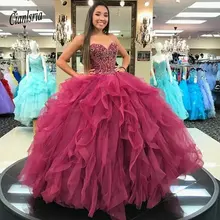 Шикарный vestido de 15 anos бальное платье женская блуза с послойным расположением ткани, оборочками и v-образным вырезом бальное платье без бретелек Quinceanera корсет, вышитый бусинами Милые 15 платье для девочек