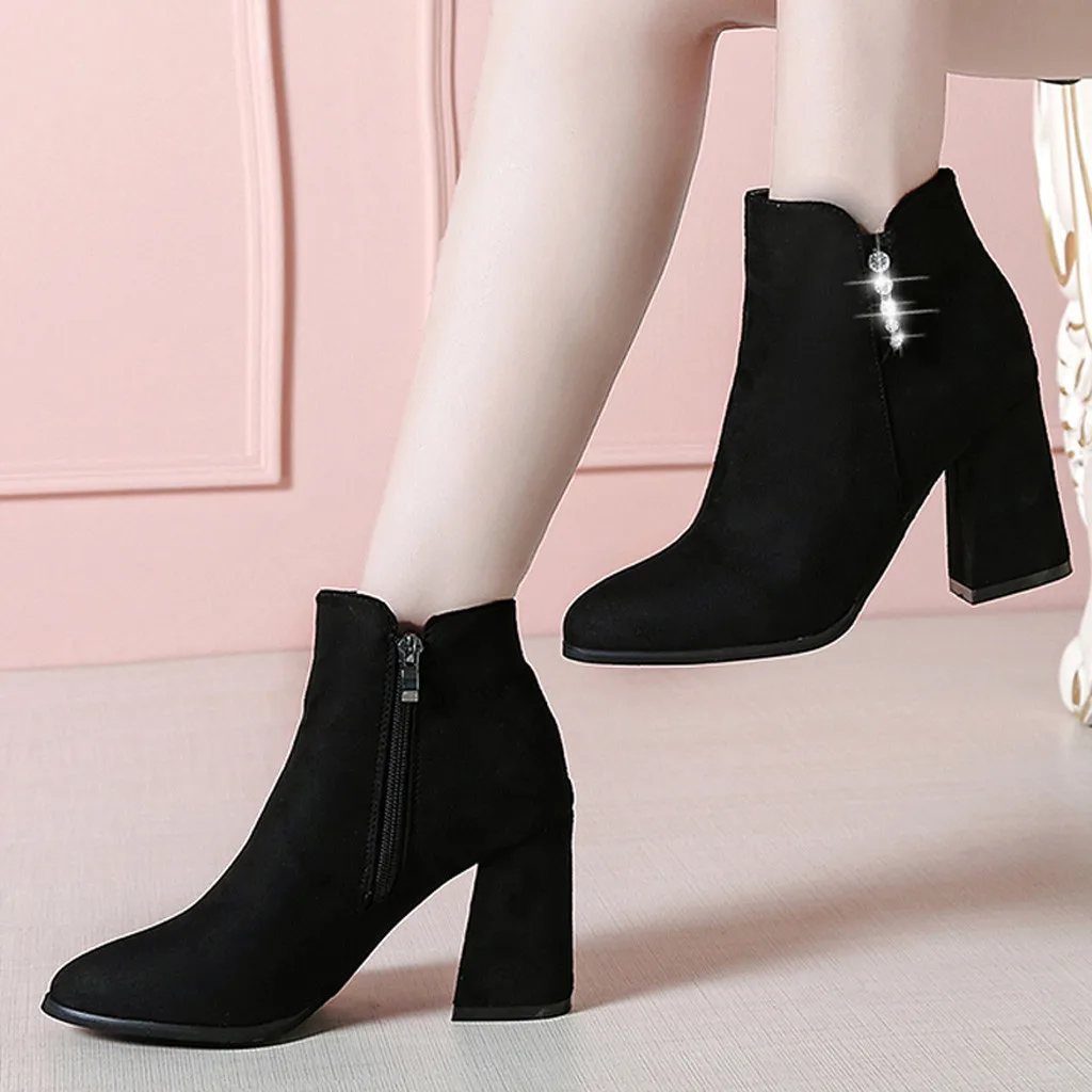 

2019 Women Shoes Fashion Rhinestone Booties Pointed Toe Shoes Flock Woman Winter Ankle Boots Thick Heel Footwear Botas Feminina