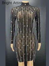 Shining Rhinestones Black See ThroughTassel Sexy Dress Birthday Celebrate Evening Party Show  Dress Fringes Costume Dance Dress