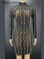 Shining Rhinestones Black See ThroughTassel Sexy Dress Birthday Celebrate Evening Party Show  Dress Fringes Costume Dance Dress