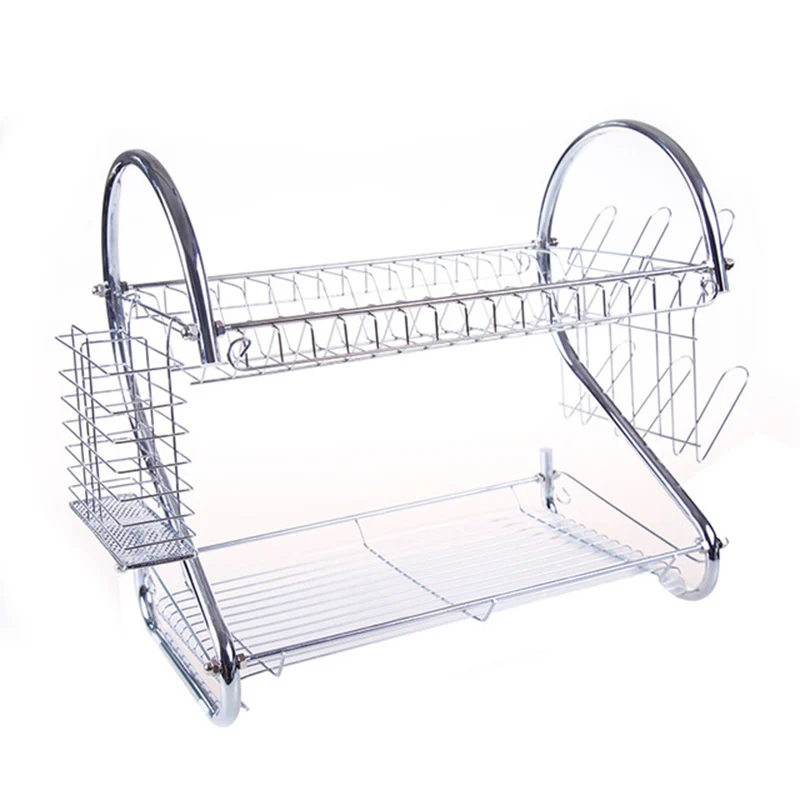 Kitchen Over Sink Dish Drying Rack Stainless Steel Bowl Cutlery Drinkware Drainer Storage Shelf 2 Tier Iron Utensil Holder