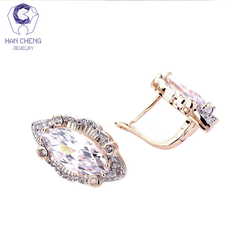 HanCheng New Fashion Luxury Leaf Copper Golden Zircon CZ Gem Stone Plated Silver Stud Earrings For Women Jewelry brincos bijoux