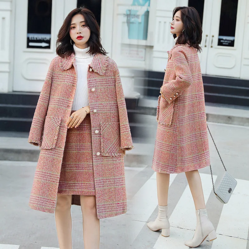 

Plaid Woolen Coat Women's 2019 Autumn And Winter New Style Korean-style Mid-length Graceful Western Style Two-Piece Set Woolen O