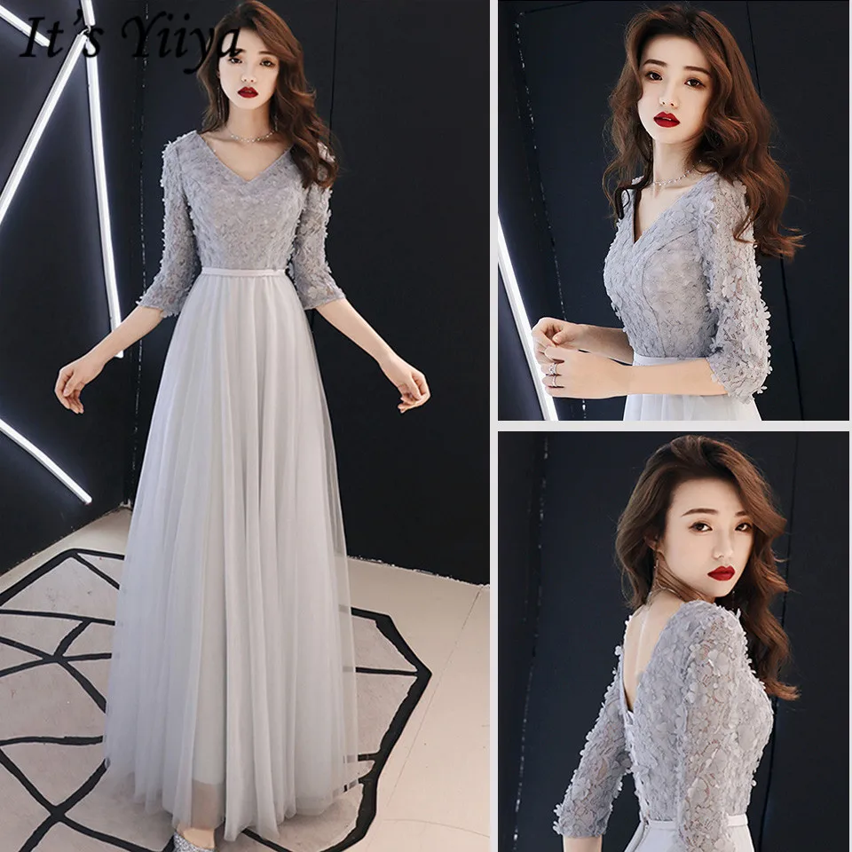 

It's Yiiya Evening Dresses V-Neck Half Sleeve Appliques Robe De Soiree A-Line Floor-Length Plus Size Evening Dress 2019 LF230