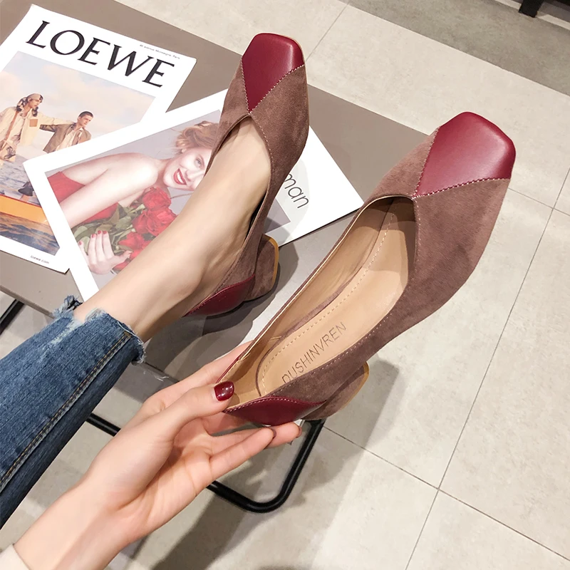 

EOEODOIT 5 cm Med Heel Shoes Women Autumn Retro Square Toe Pumps Slip On Chunky Heel Sexy V Mouth Work Daily Shoes