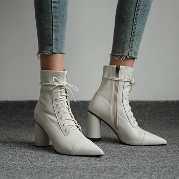 

Office Lady boots Woman Cross Tied genuine Leather Ankle Boots 2020 Autumn Winter poined Toe high Heels Shoes