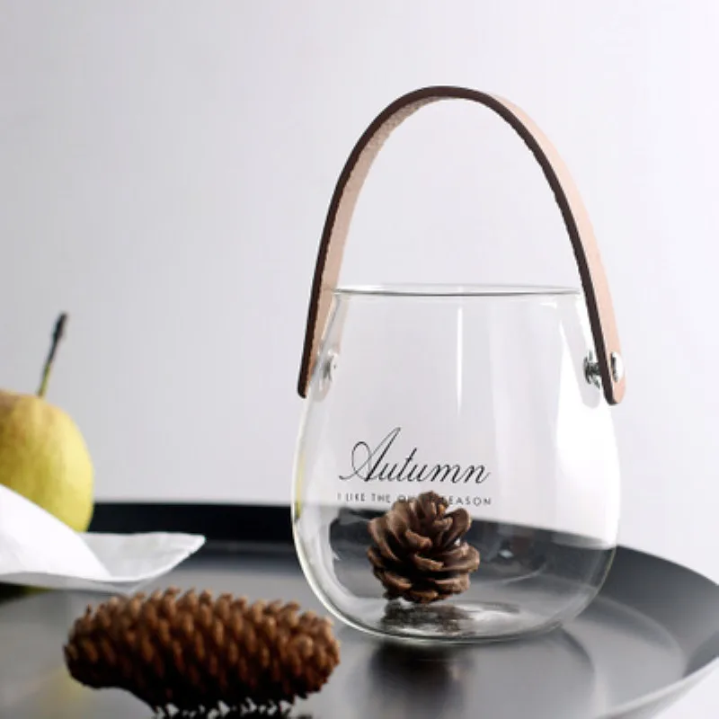 Nordic Modern Ins Leather Handle Glass Vase Creative Desktop Retro Design Transparent English Word | Дом и сад
