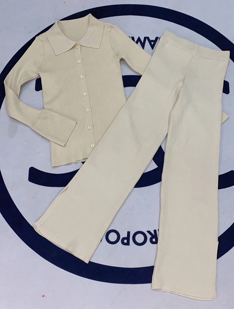 High Quality Fashion Women'S Knitted Slim 2 Two-Piece Set 2021 Spring Sexy V Long-Sleeved Button Top + Pants Casual Suit skirt suit set Suits & Blazers