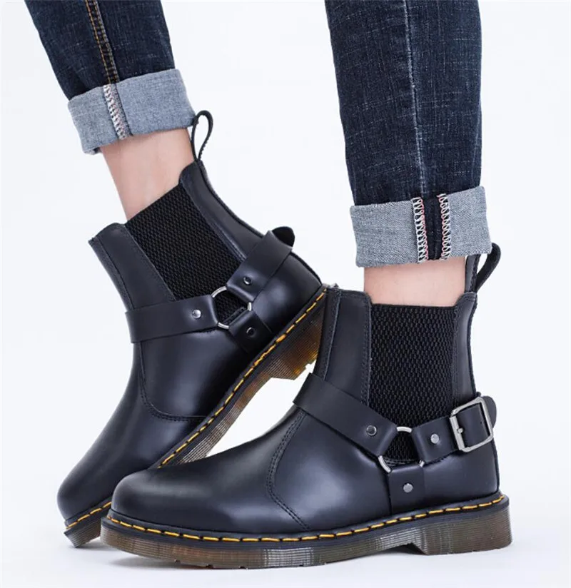 

Black Cow Leather Buckle Ankle Boots Men Flat Sole Square Heel Chelsea Bootee 2019 Man Autumn Male Spring Shoes Big Size 47 48