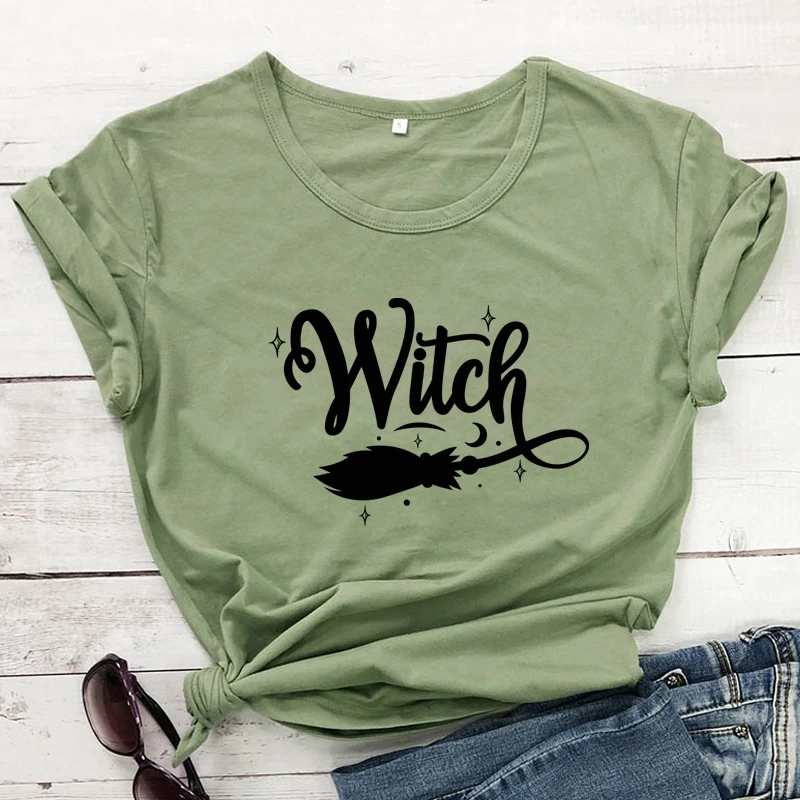 Witch-Broom-100-Cotton-T-shirt-Funny-Women-Halloween-Costume-Tshirt-Fashion-Autumn-Short-Sleeve-Graphic