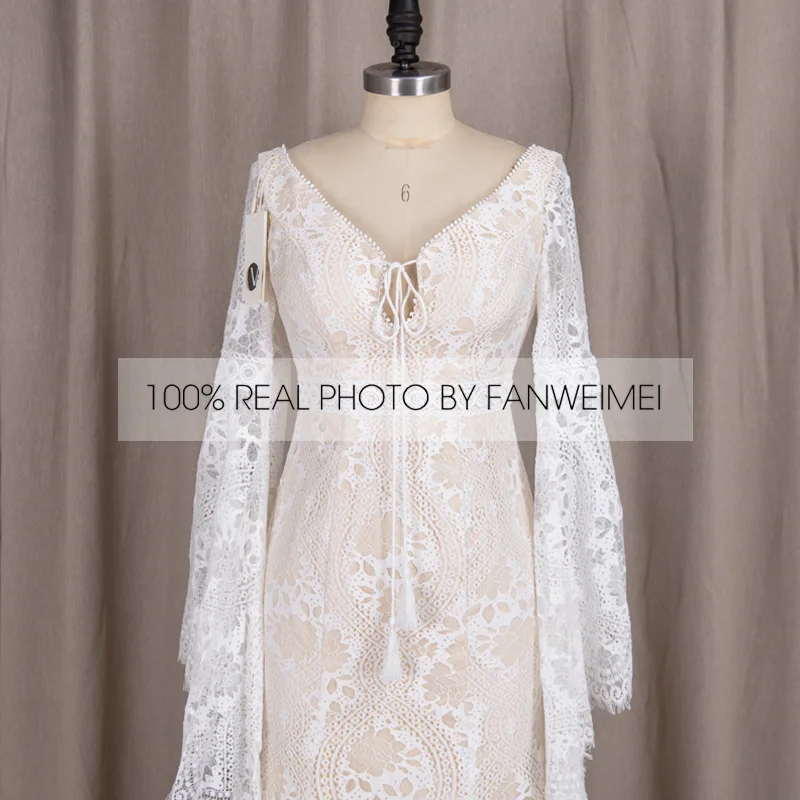 803#2021 New Design Long Lantern Sleeve Empire V-Neck Backless Small Train Beauty Backless Lace Boho Beach Wedding Dresses Women modest wedding dresses