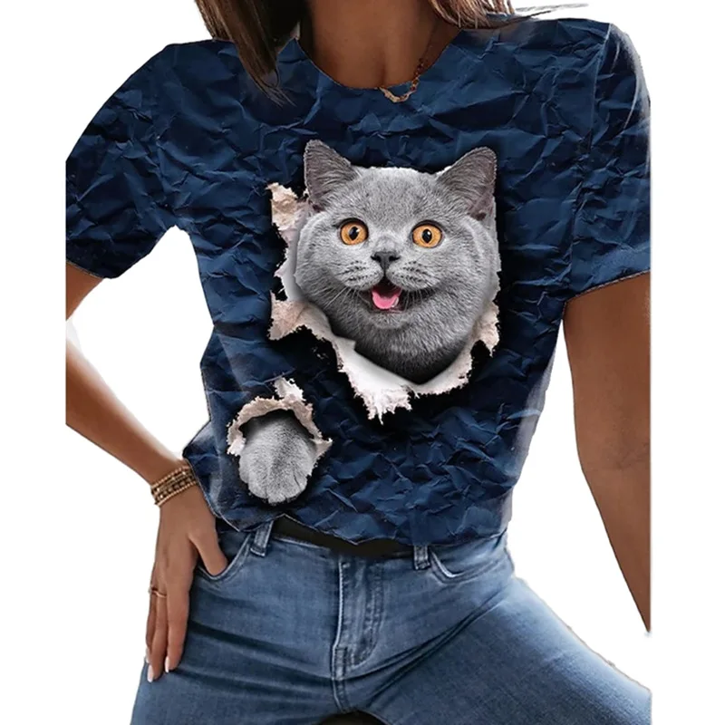 Summer Fashion Women's T-shirt Digital 3D Printing Short Sleeve T-shirt Cute Cat Round Neck Top Loose and Comfortable cute summer crop tops