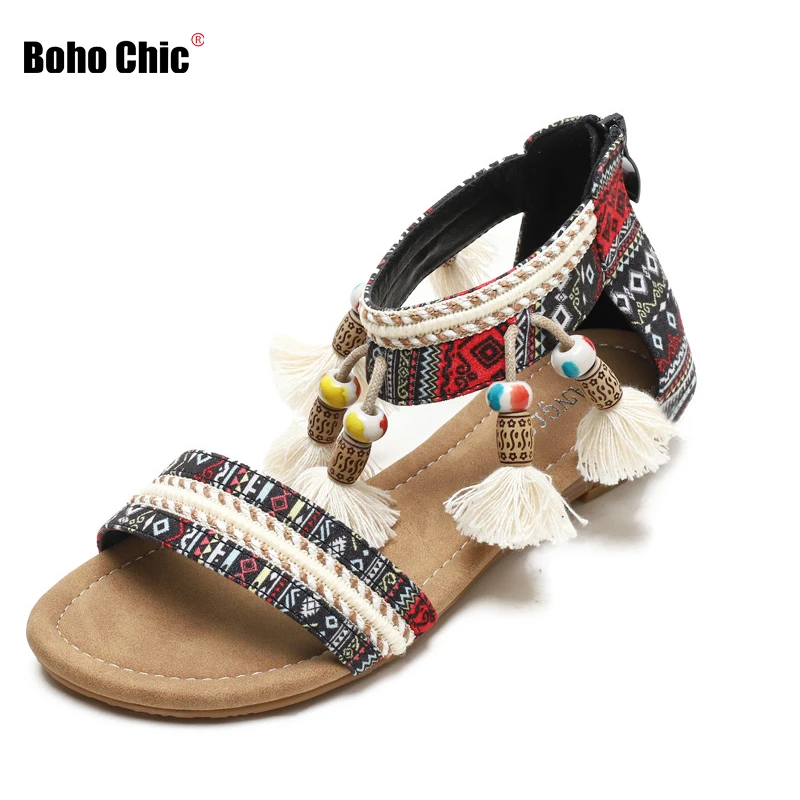 Boho Chic Vrouwen Sandalen Kwastje Charms Rits Bohemian Platte Fashion Schoenen Voor Lady Stijl|Lage Hakken| - AliExpress