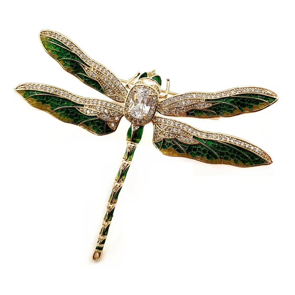Vintage Green Enameled Oversize Dragonfly Brooches Gold Tone Micro Pave Crystal Winged Big Dragonfly Pins Unisex Insect Jewelry