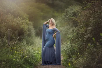 

2020 New Maternity Dress for Photo Shoot Maxi Maternity Gown Long Sleeves Lace Stitching Fancy Women Maternity Photography Props