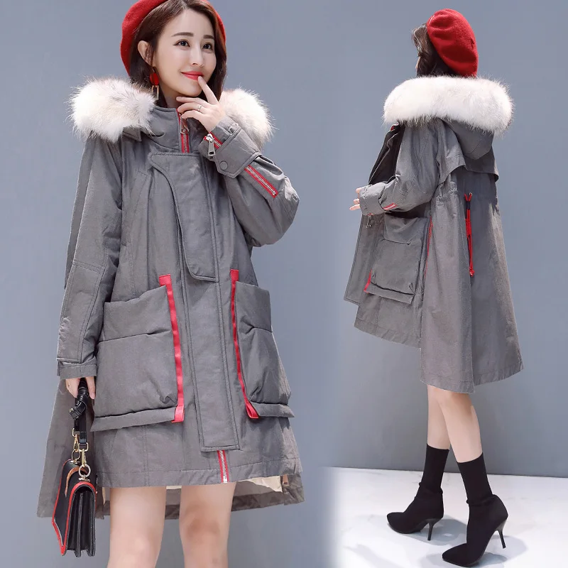 

Cotton-padded Clothes Women's Mid-length 2018 Winter New Style Korean-style Loose-Fit Slimming over-the-Knee Large Fur Collar do