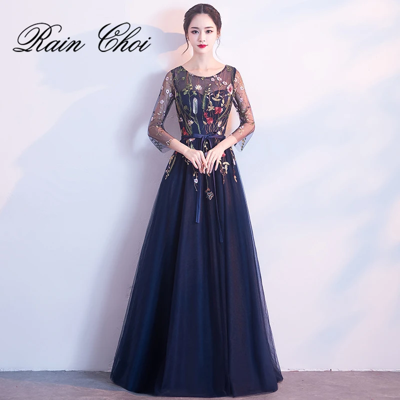 

Applique 3/4 Sleeves Formal Prom Gown Long Evening Dresses 2019