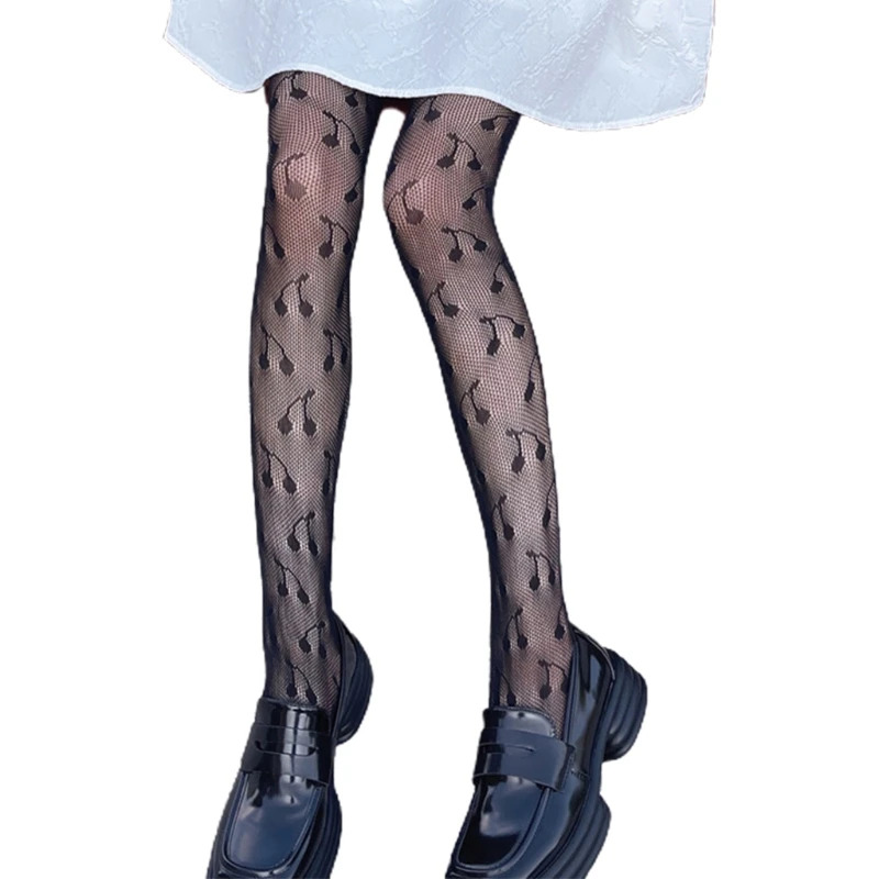 Женские готические сетчатые колготки в стиле Лолиты вишневые жаккардовые