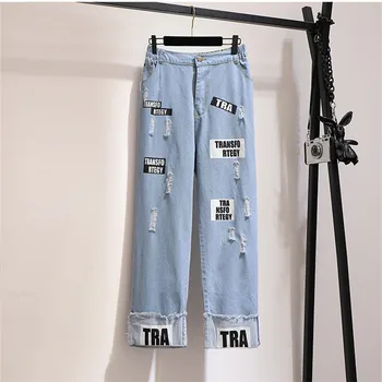 

Spring Summer Large size Hole Denim Pants For Women Elastic Waist Letter Print High Waist Straight Jeans vetement femme 6XL Z299