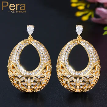 

Pera Vintage African Women Gold Color Ear Jewelry Big Statement Hollow Dangle Long Drop Cubic Zirconia Prom Party Earrings E372