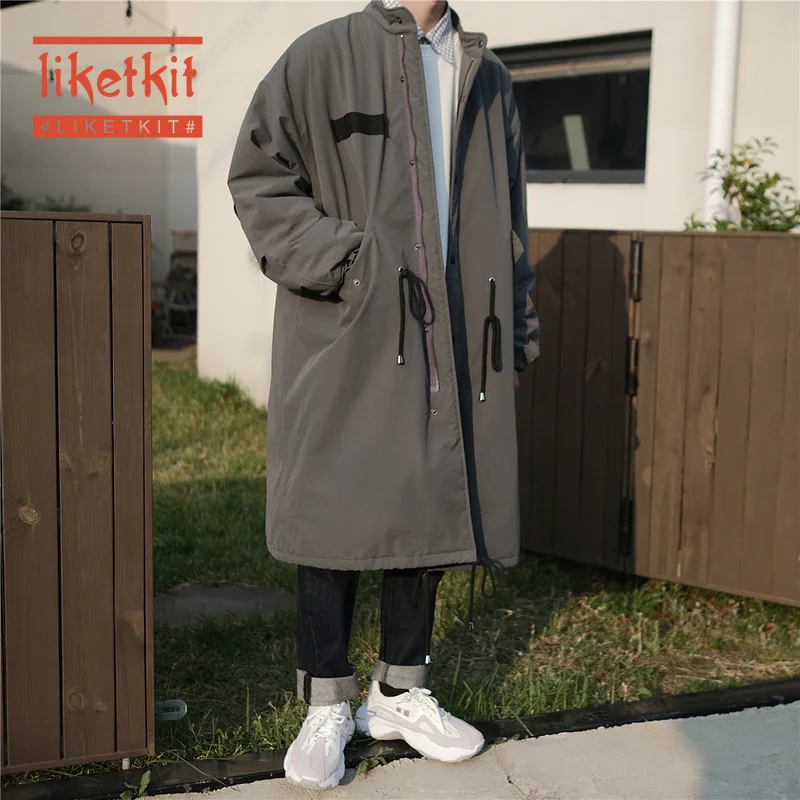 Liketkit, мужские зимние длинные куртки, пальто,, одноцветная, стоячий воротник, Ретро стиль, шерсть, толстое пальто, Мужская свободная Японская уличная одежда, парки