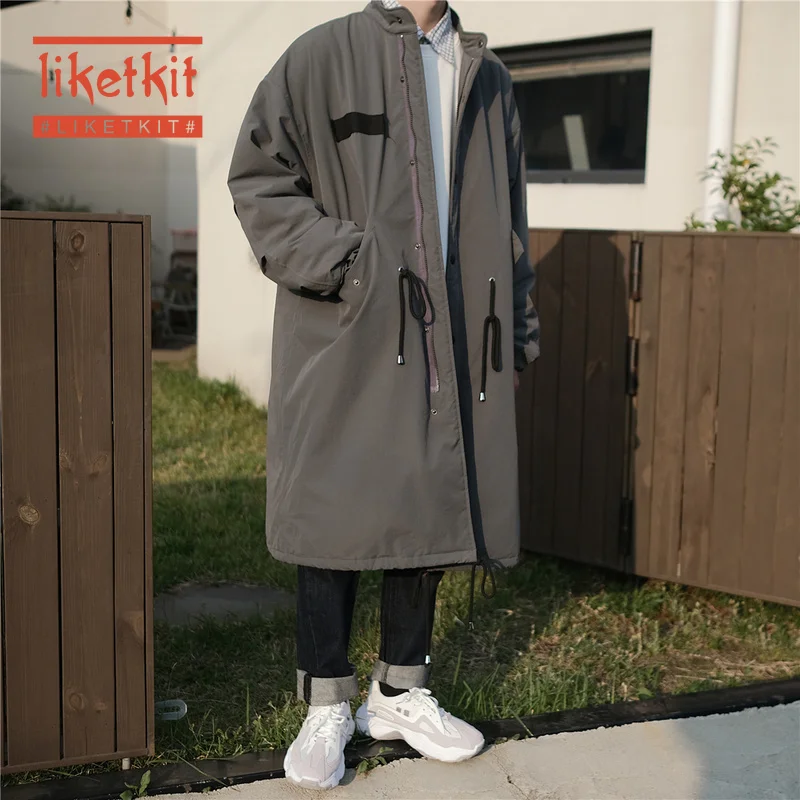 Liketkit Mens Winter Lange Jassen Jas 2019 Solid Stand Kraag Vintage Wol Dikke Overjas Mannelijke Losse Japanse Streetwear Parka