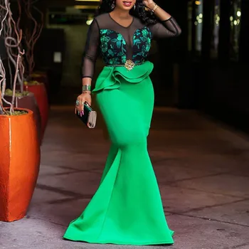 

Fall 2019 African Long Party Dress Women Sexy Mesh Floral Ruffle Mermaid Evening Vestido Plus Size Ladies Evening Dresses
