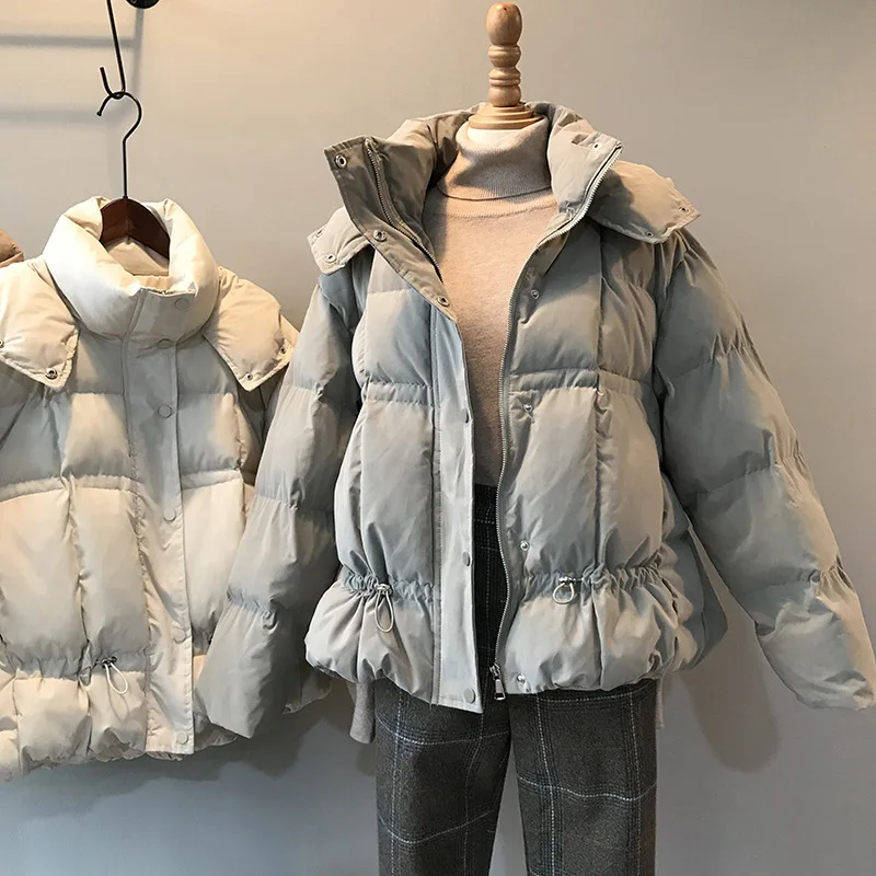 Теплая зимняя короткая куртка женская модная парка с хлопковой подкладкой Harajuku пальто с капюшоном Женская однотонная верхняя одежда с завязками