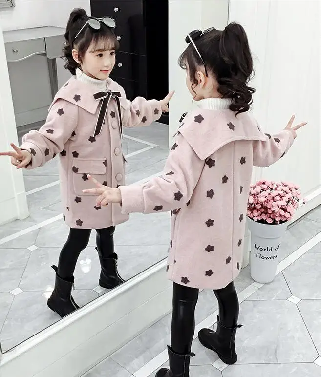 10,22 пальто с принтом звезды для девочек детское пальто с отворотом и бантом Детское пальто хорошего качества на рост от 110 до 150 см Новое поступление, зима-осень