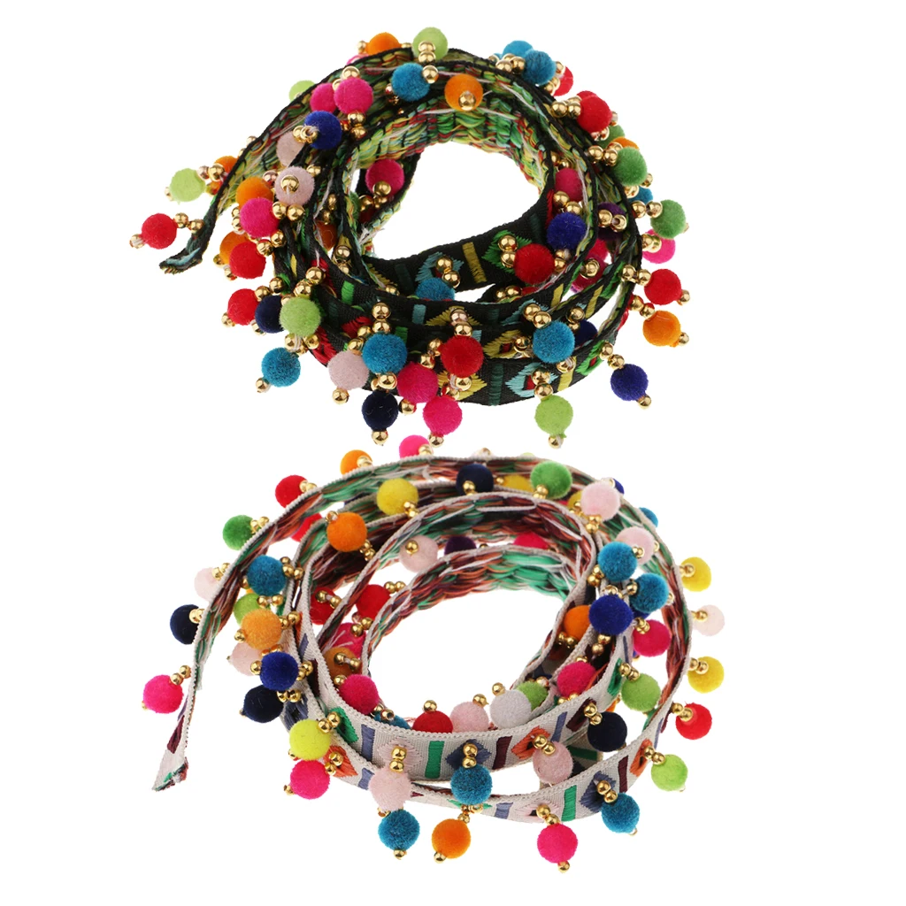 2 Pieces Bohemian Style Colorful Ball Fringe Trim Tape for Clothes