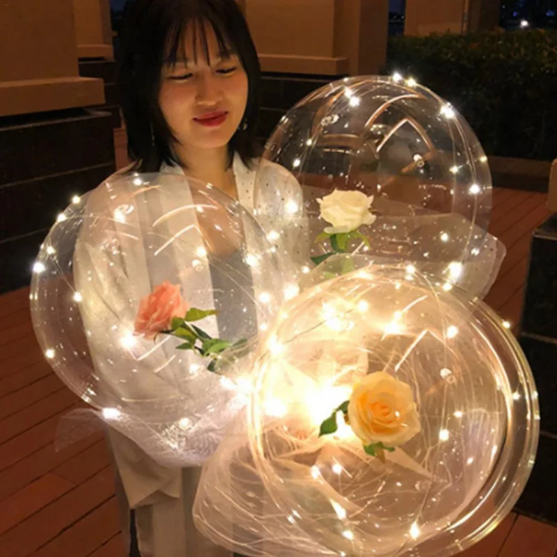 Transparent Bobo Ball LED Luminous Balloon Rose Bouquet Rose Valentine's Day Gift Balloon For Birthday Party Wedding Decoration