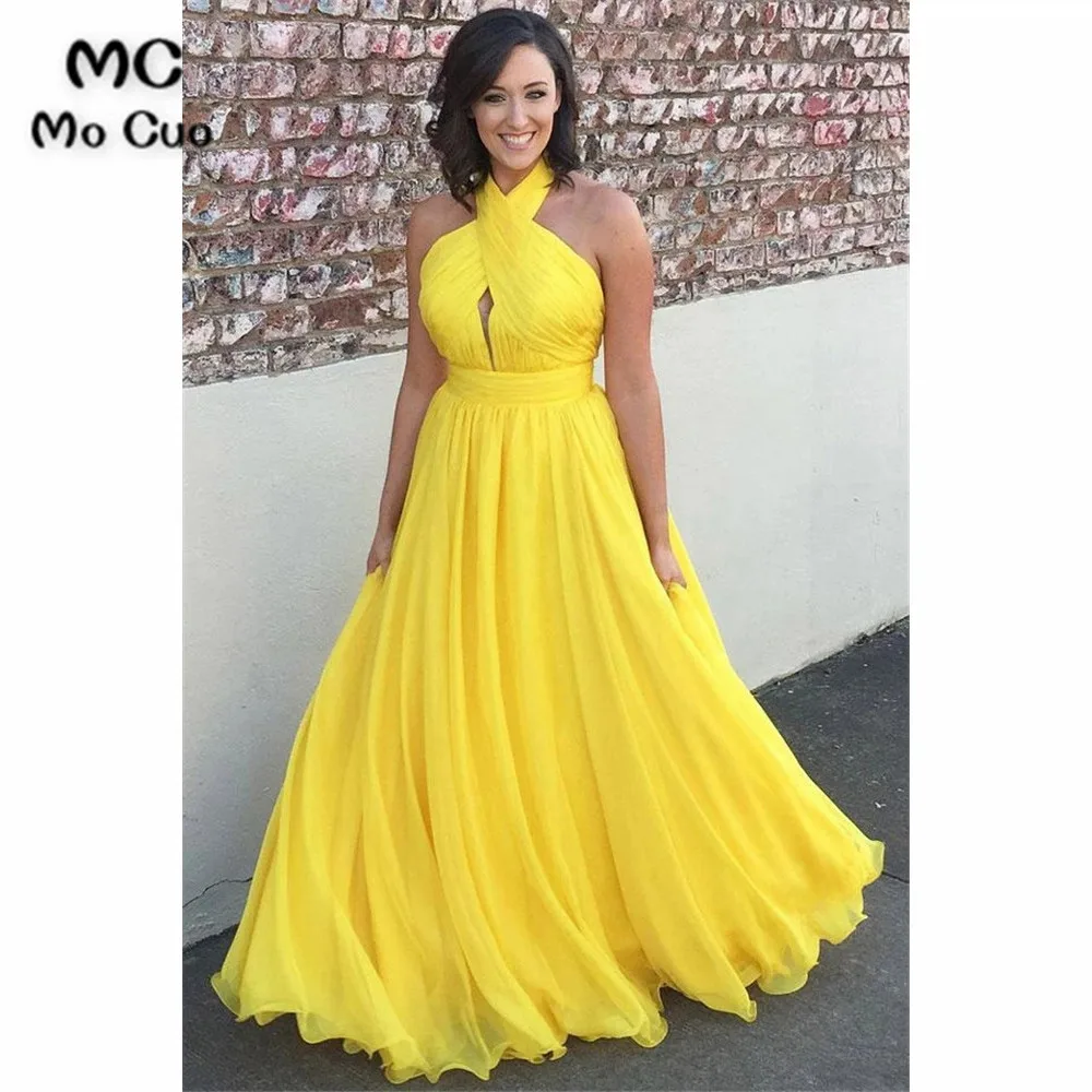 Yellow A Line Floor Length Halter Sleeveless Backless Bridesmaid Dress, Wedding Party Dress (1)
