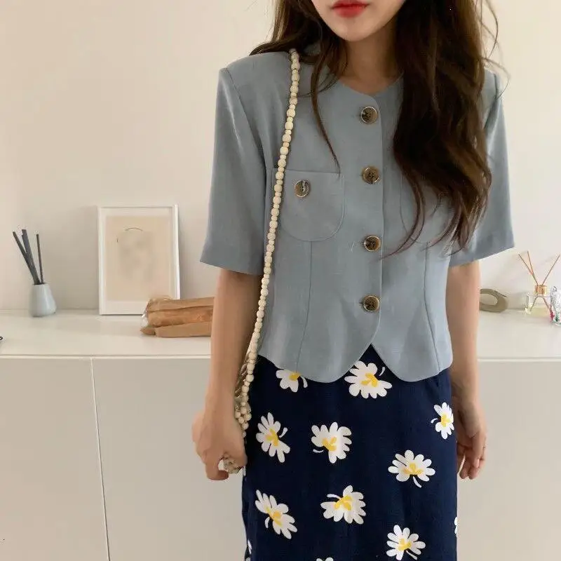 Women Korea Casual Office Blazers Top O-Neck Summer Simple Solid Short Sleeve Blazers Coat Fall Femme Work Short Blazers