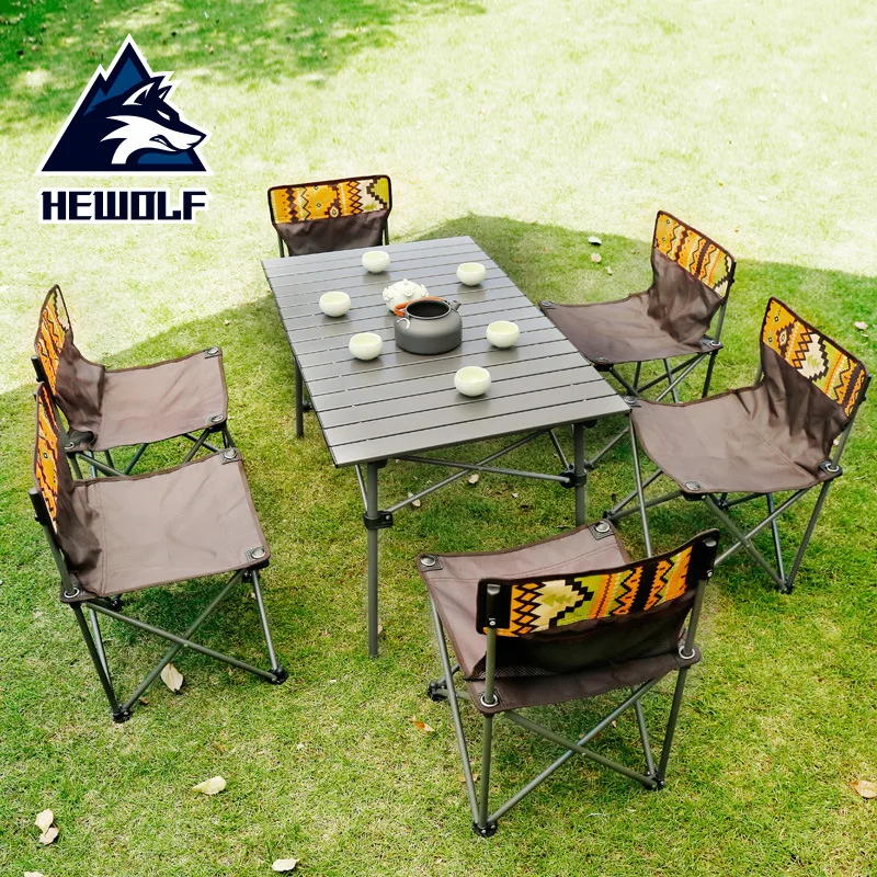  Hewolf Outdoor Folding Table and Chair Set Portable Picnic Table 7-piece Outdoor Self-driving Tour 