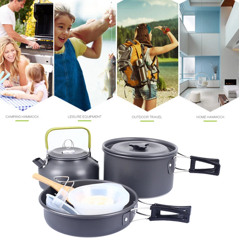 

Camping Pot Aluminum Alloy Cookware Set Picnic Cookware Outdoor Pan Set Wooden Shovels Kettle Soup Spoon